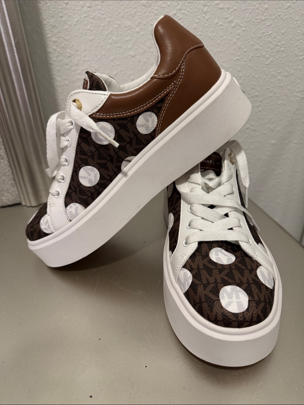 Michael Kors Brown & White MK Polka Dot Low-Top Sneakers - Picture 2 of 5